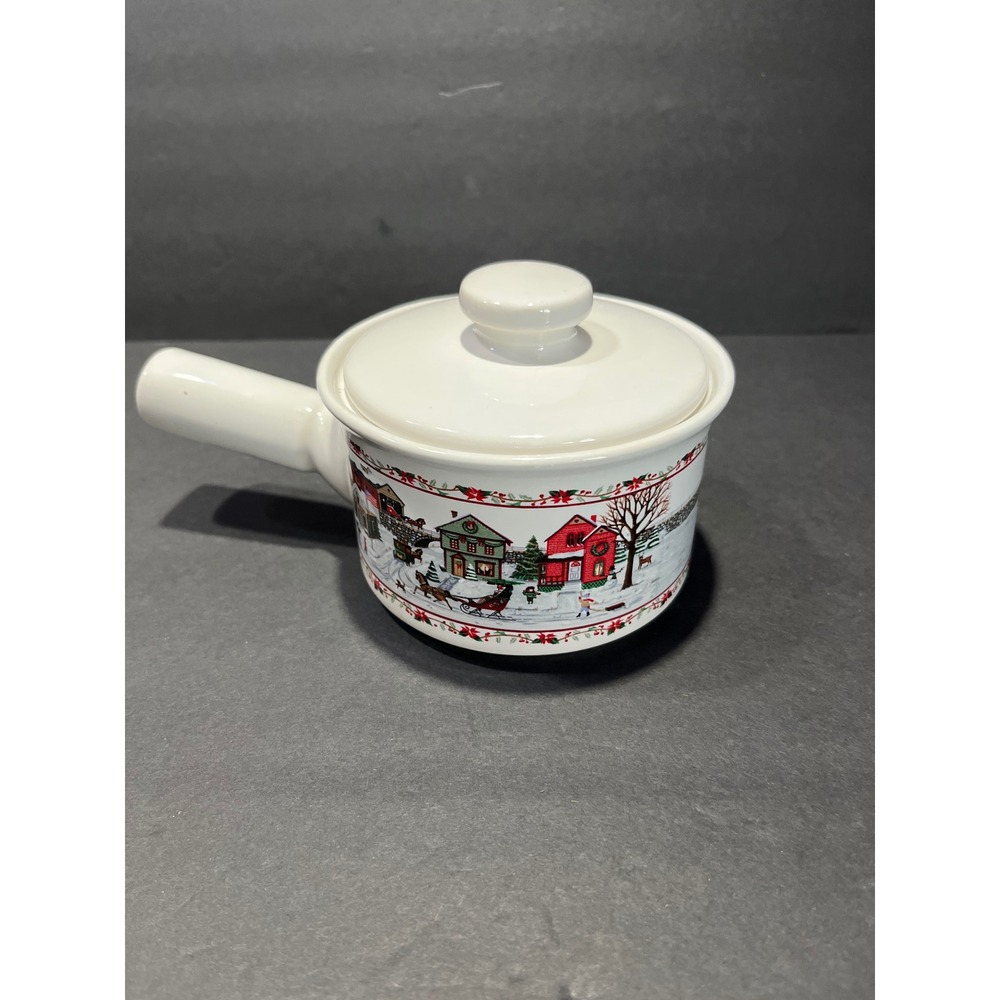 Russ Berrie Winter Village Ceramic Soup Crock with Lid White Christmas 9688